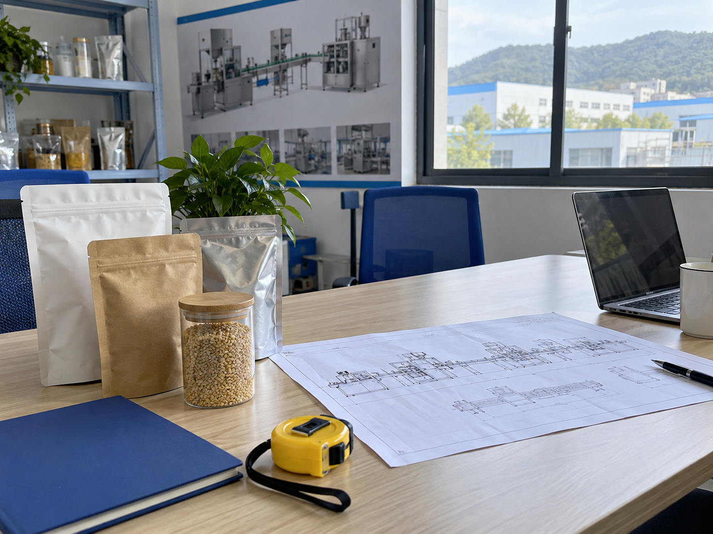 Illustrative packaging samples and equipment planning desk